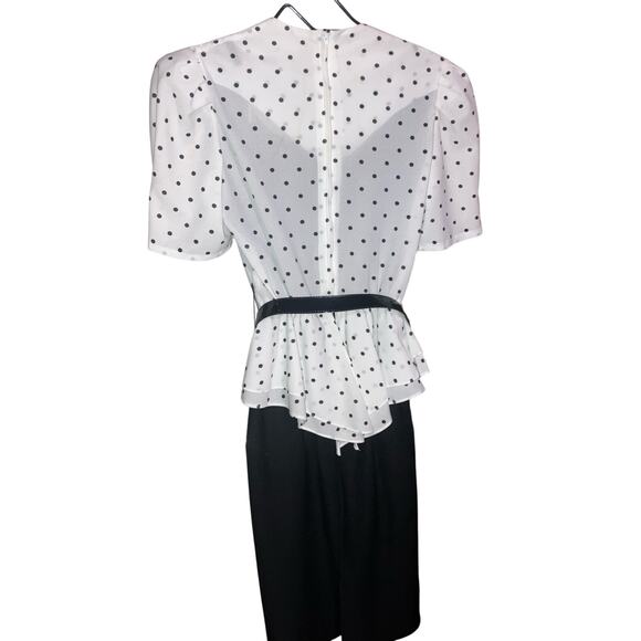 SL Petites 8 Dress White Polka Dot 1980s Puff Tulle Belted Black Skirt Secretary - Picture 3 of 12